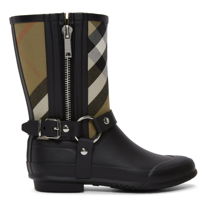 Burberry Black & Beige Check Biker Rain Boots