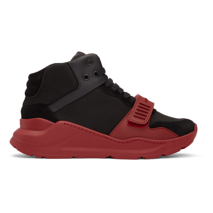Burberry Black & Red Regis High-Top Sneakers