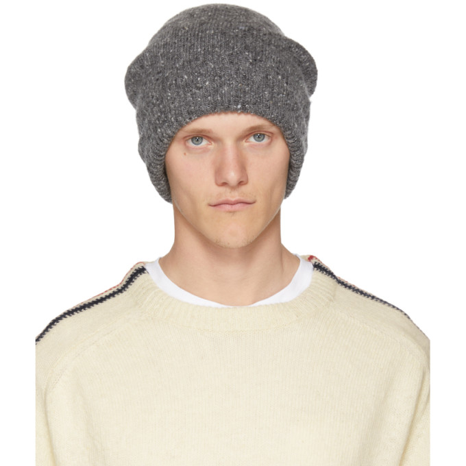 THOM BROWNE THOM BROWNE GREY MOHAIR INTARSIA STRIPE BEANIE