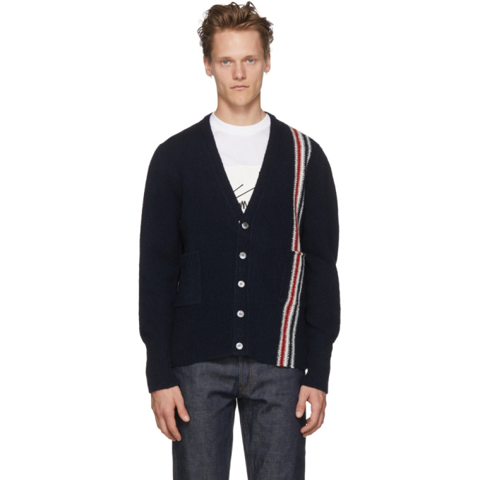 THOM BROWNE THOM BROWNE NAVY CLASSIC V-NECK STRIPE CARDIGAN