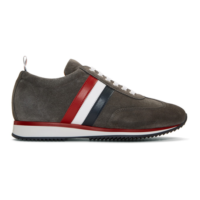 Thom Browne Grey Suede Stripe Sneakers