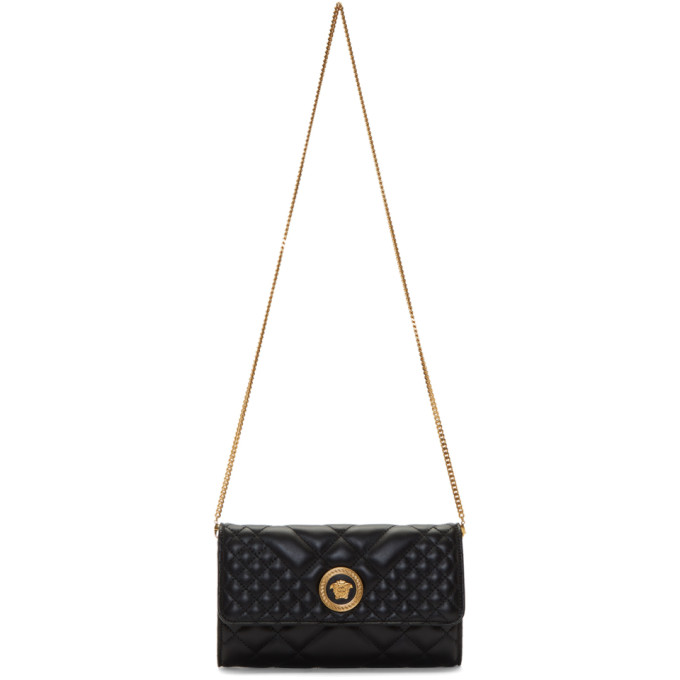 Versace Black Quilted Continental Chain Wallet Bag