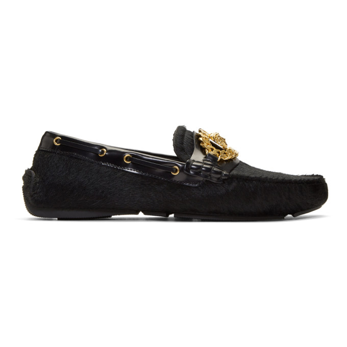 Versace Black Calf Hair Tribute Medusa Driver Loafers