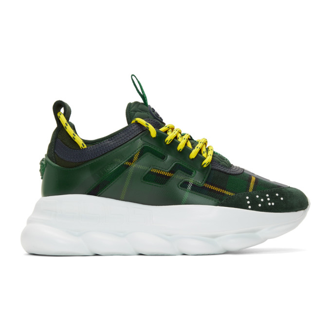 Versace Green & Yellow Plaid Chain Sneakers