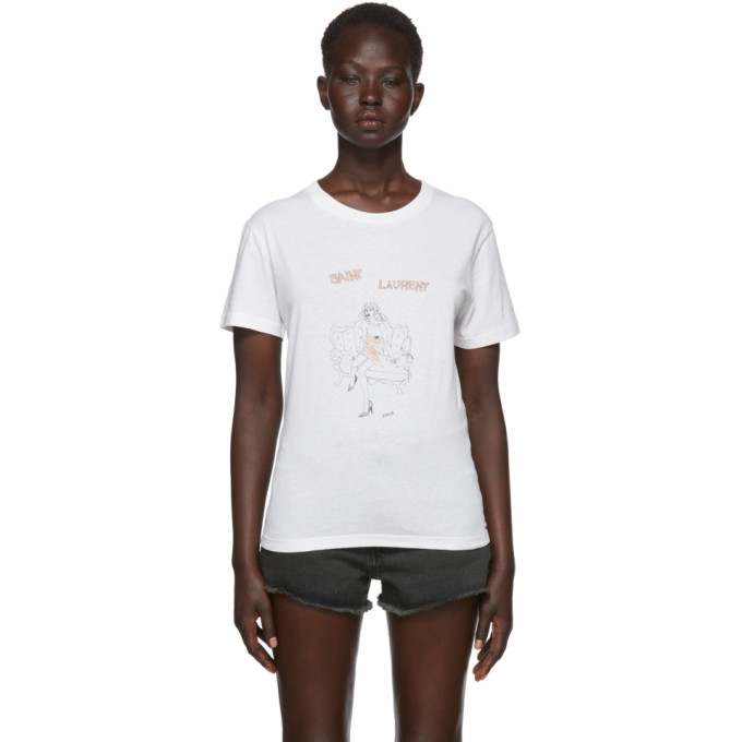 SAINT LAURENT SAINT LAURENT WHITE WOMAN DRAWING T-SHIRT