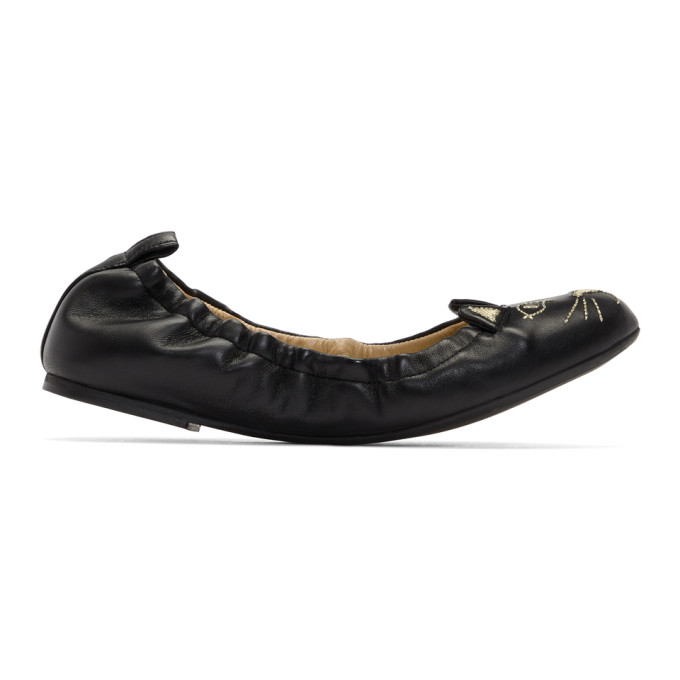 Charlotte Olympia Black Lambskin Kitty Ballerina Flats