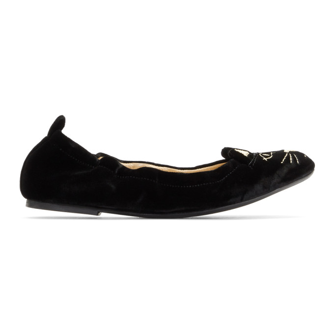 Charlotte Olympia Black Velvet Kitty Ballerina Flats