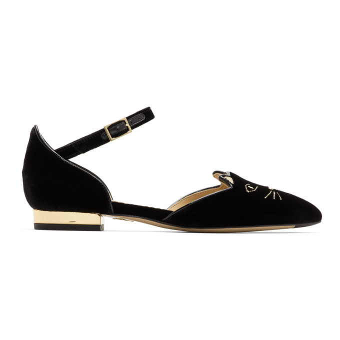 Charlotte Olympia Black Velvet Mid-Century Kitty D'Orsay Flats