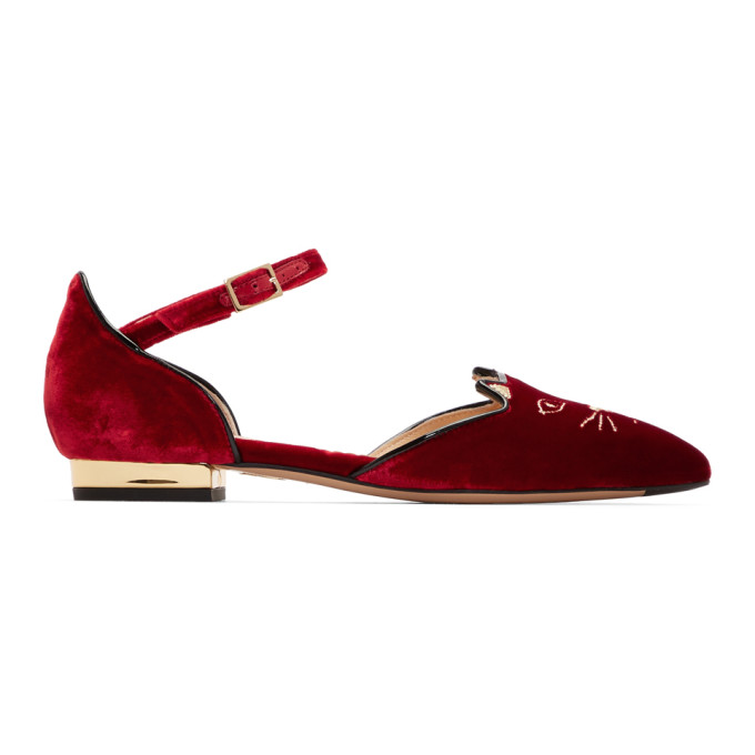 Charlotte Olympia Red Velvet Mid-Century Kitty D'Orsay Flats