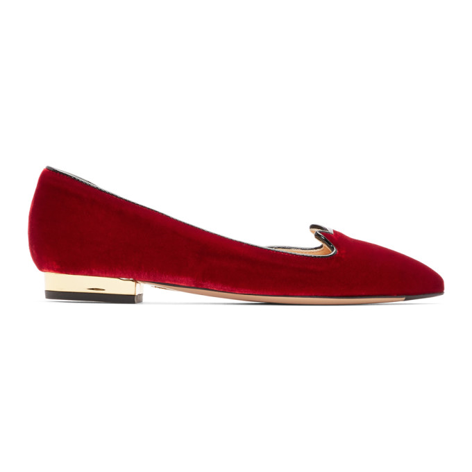 Charlotte Olympia Red Velvet Feline D'Orsay Flats