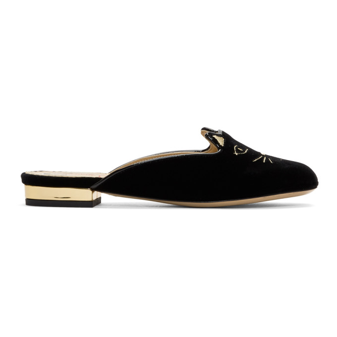 Charlotte Olympia Black Velvet Kitty Slippers