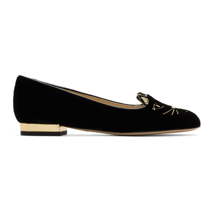 Charlotte Olympia Black Velvet Kitty Flats