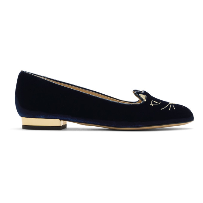 Charlotte Olympia Navy Velvet Kitty Flats