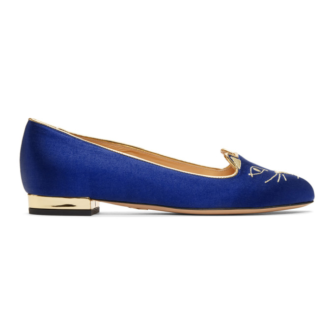 Charlotte Olympia SSENSE Exclusive Navy Satin Kitty Slippers