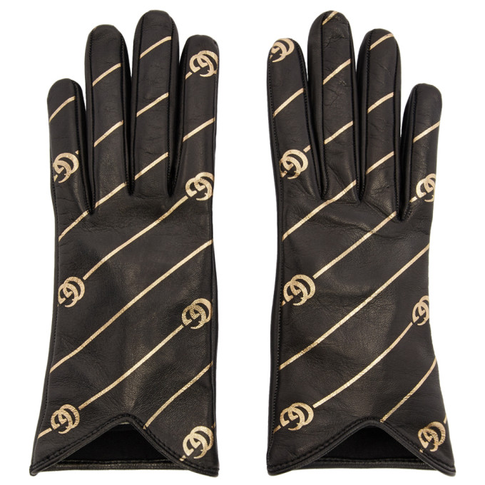 Gucci Black and Gold Leather GG Gloves