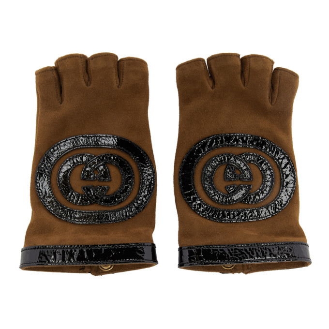 Gucci Brown Logo Fingerless Gloves