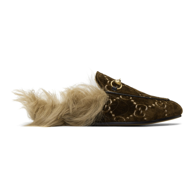 Gucci Brown Wool-Lined Velvet GG Princetown Slippers