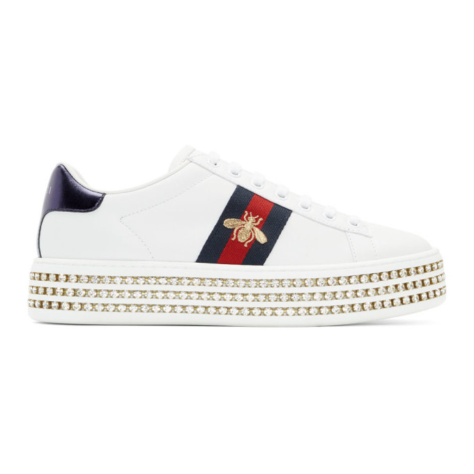 Gucci White Crystal Platform Bee Ace Sneakers