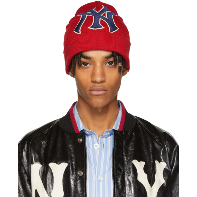 Gucci Ny & Gg Patch Wool Knit Beanie In Red | ModeSens