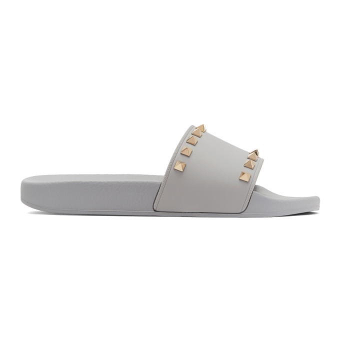 Valentino Grey Valentino Garavani Rockstud Pool Slides