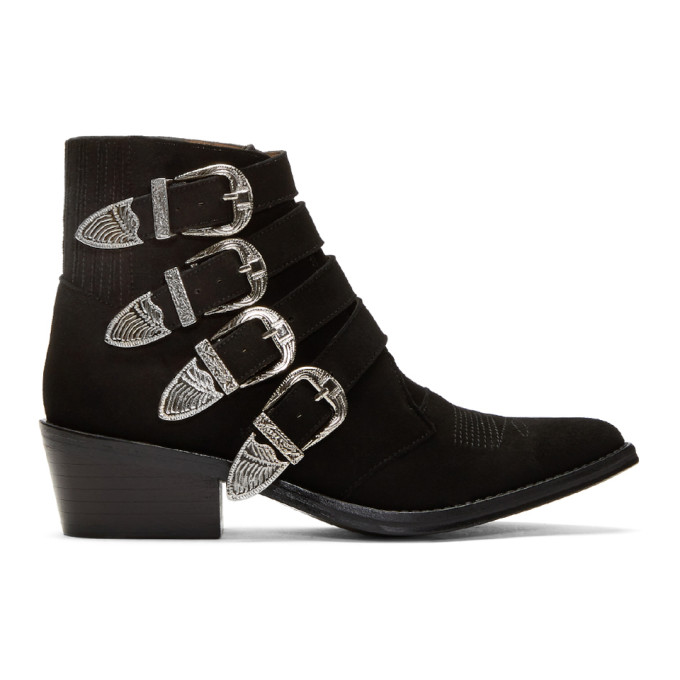 Toga Pulla Black Suede Four Buckle Western Boots