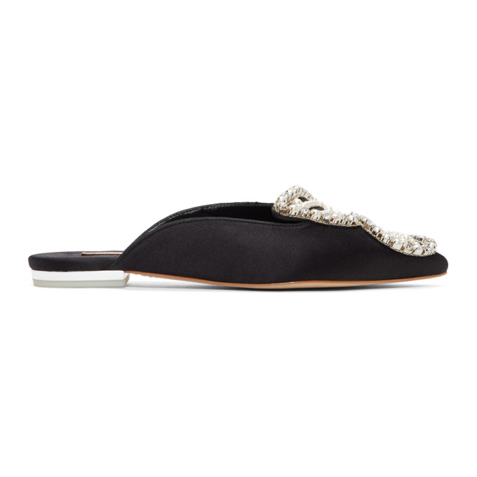 Sophia Webster Black Satin Bibi Butterfly Pearl Slippers