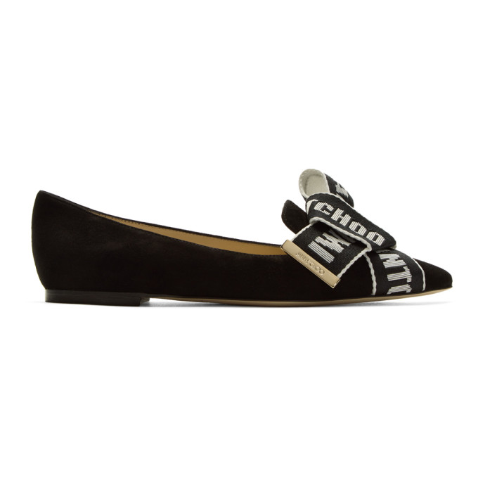Jimmy Choo Black Suede Logo Bow Gleam Flats