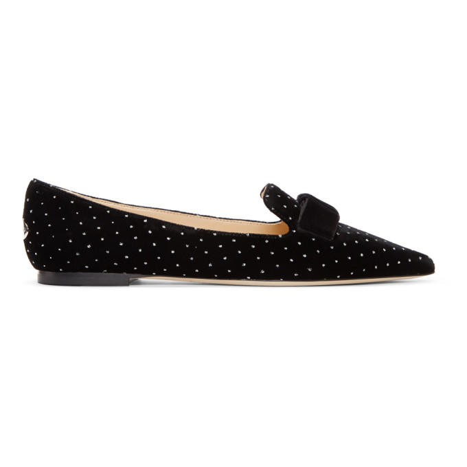 Jimmy Choo Black & Silver Velvet Spotted Loafers