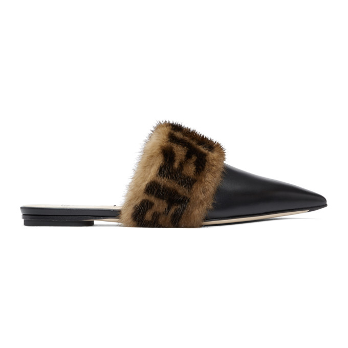 Fendi Black 'Forever Fendi' Pointy Mink Slippers
