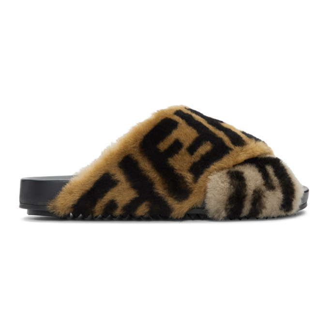 Fendi Brown Shearling 'Forever Fendi' Criss Cross Slides