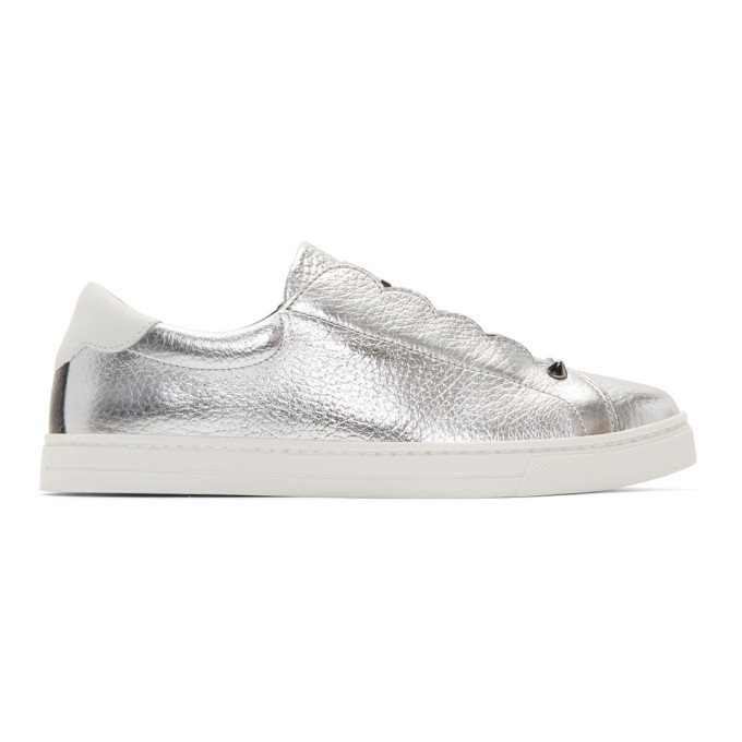 FENDI FENDI SILVER METALLIC KNIT LOGO SNEAKERS