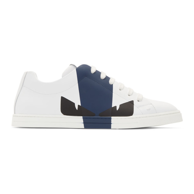 Fendi White & Navy Leather 'Bag Bugs' Sneakers