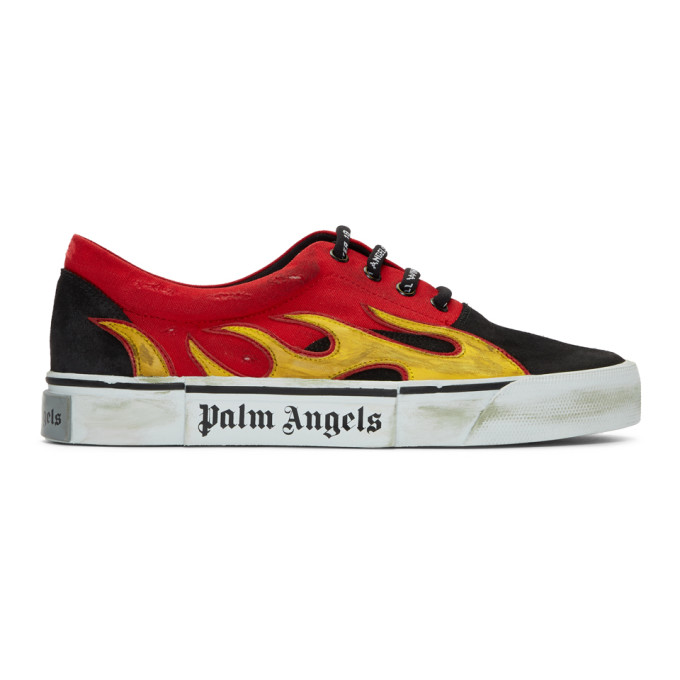 Palm Angels Black & Red Distressed Flame Sneakers