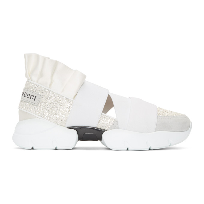 Emilio Pucci White 'Pucci at Night' Glitter Ruffle Elastic Slip-On Sneaker