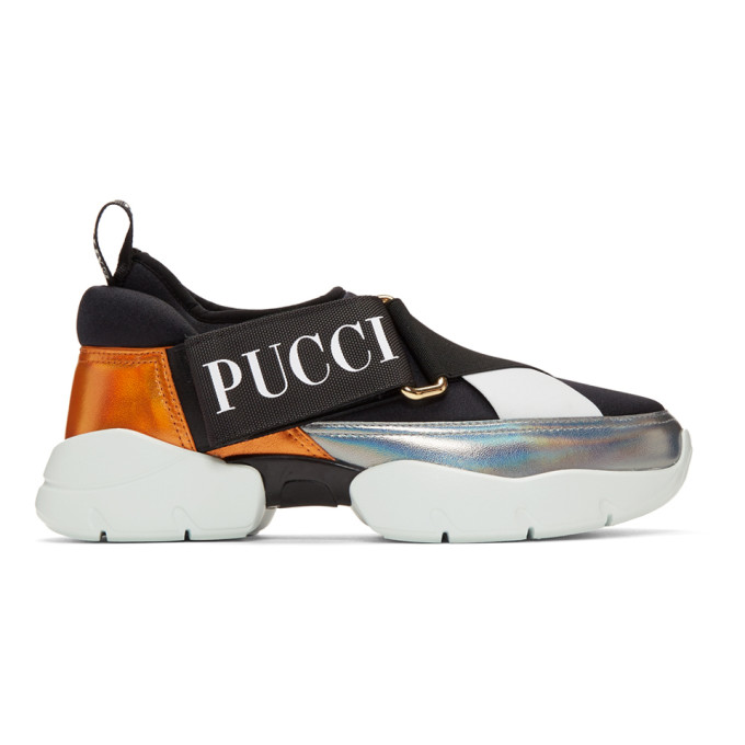 Emilio Pucci Black & Silver Elastic Band Slip-On Sneakers