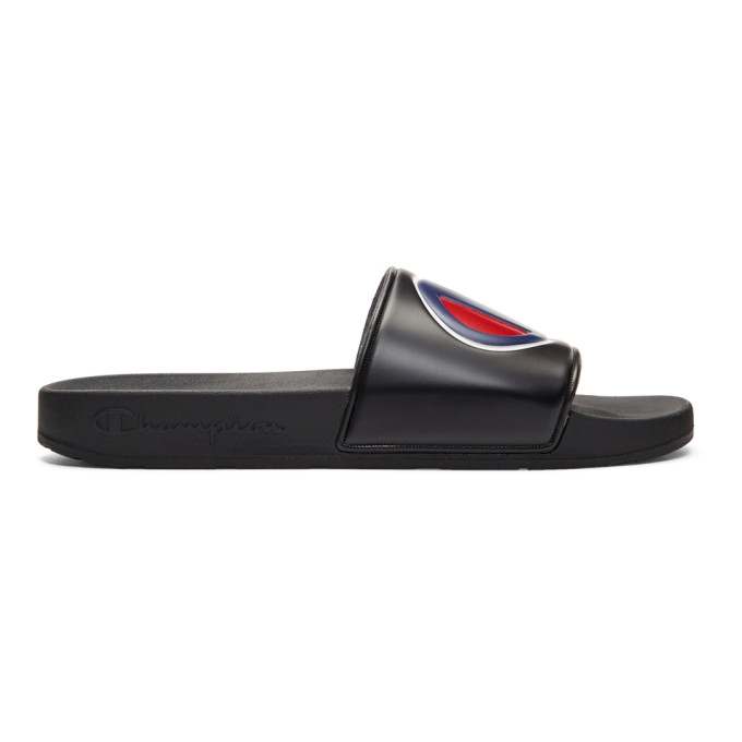 Champion Reverse Weave Black Logo Pool Slides