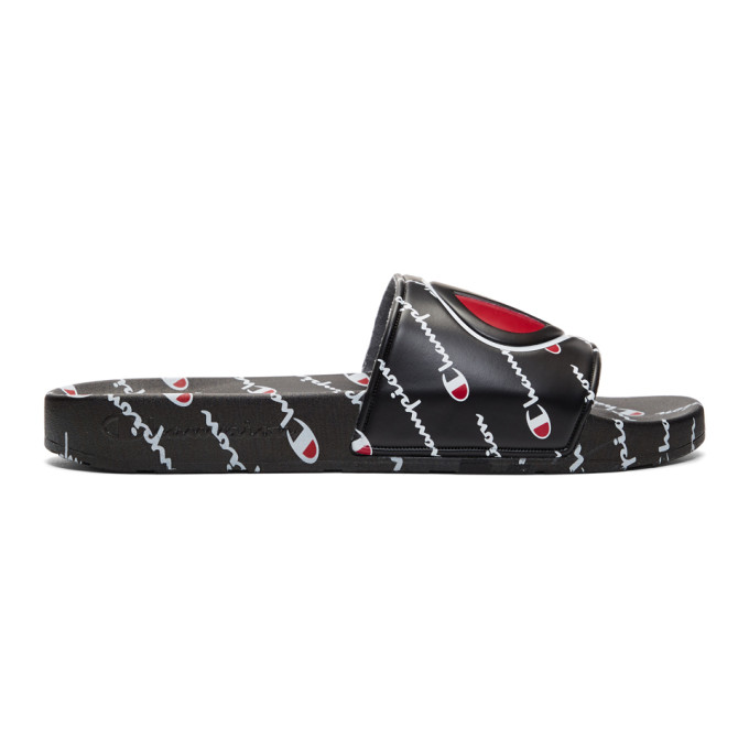 Champion Reverse Weave Black Repeat Logo Pool Slides