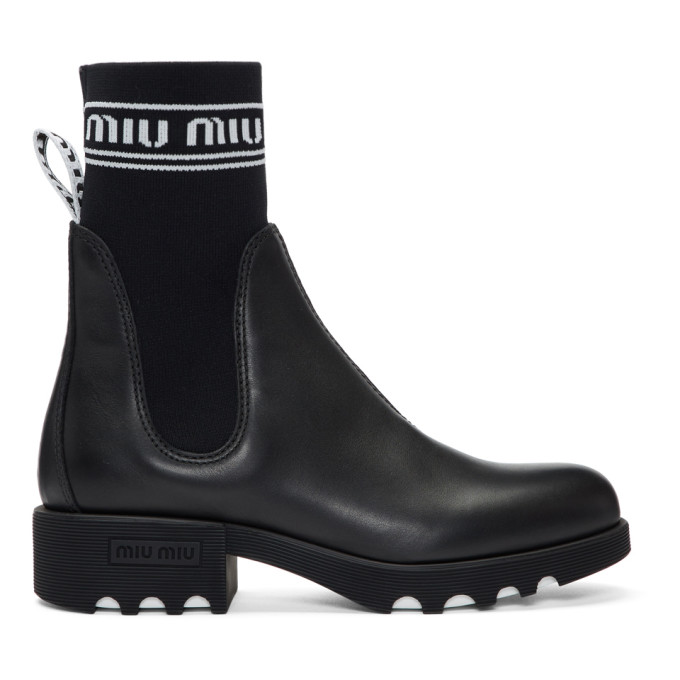 Miu Miu Black Leather & Sock Boots