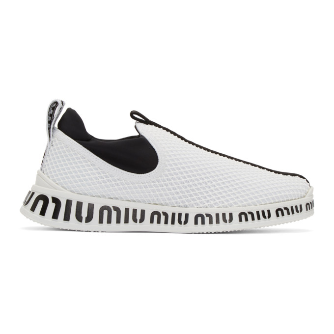 Miu Miu White & Black Embossed Slip-On Sneakers