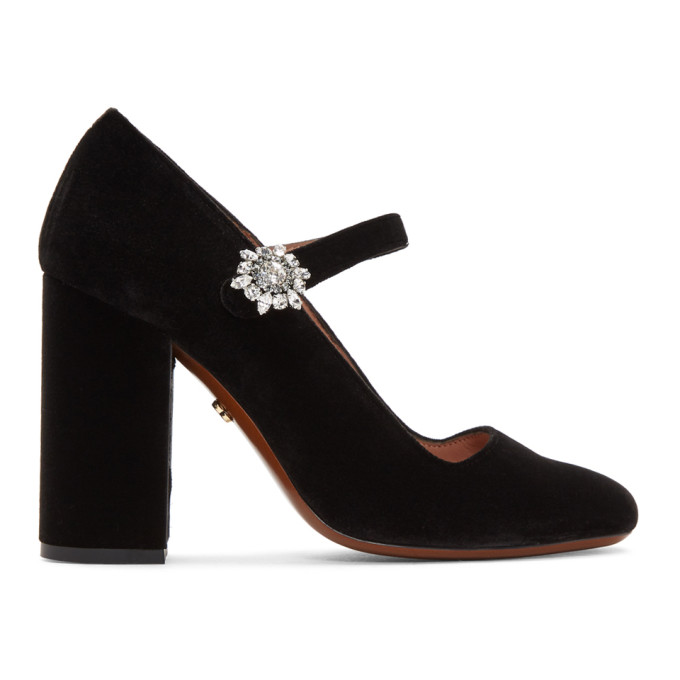Alexachung Black Velvet Mary-Jane Crystal Flower Heels