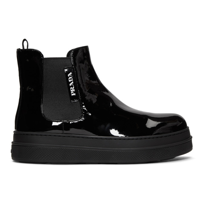 Prada Black Patent Double Sole Chelsea Boots