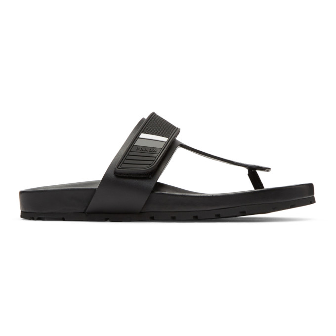 Prada Black Leather & Rubber Logo Sandals
