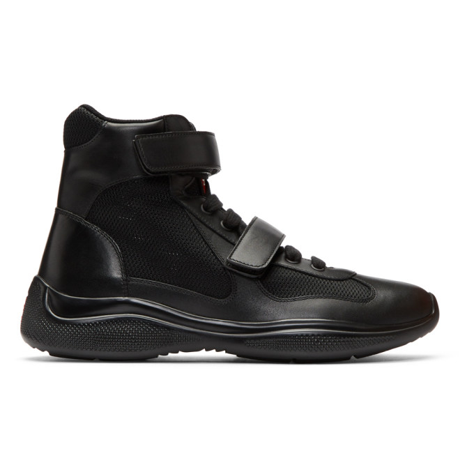 Prada Black Leather & Mesh Velcro High-Top Sneakers