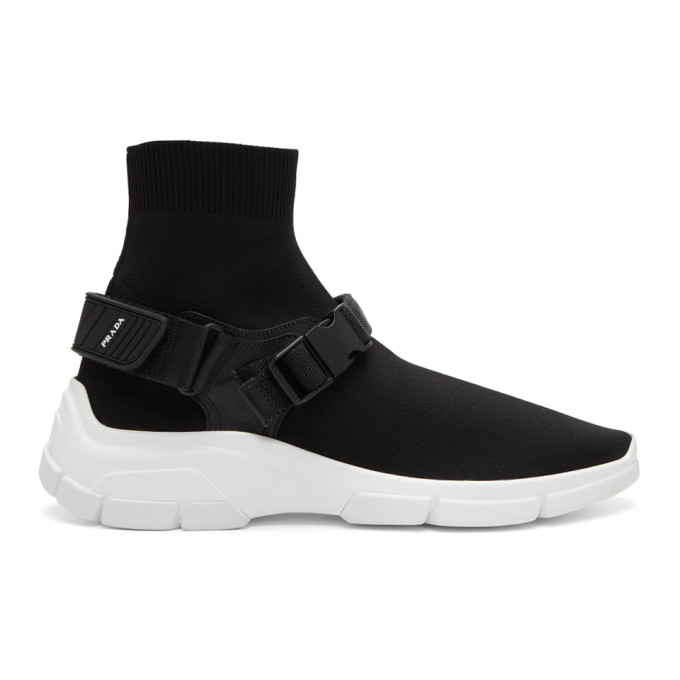 Prada Black Buckled Sock High-Top Sneakers