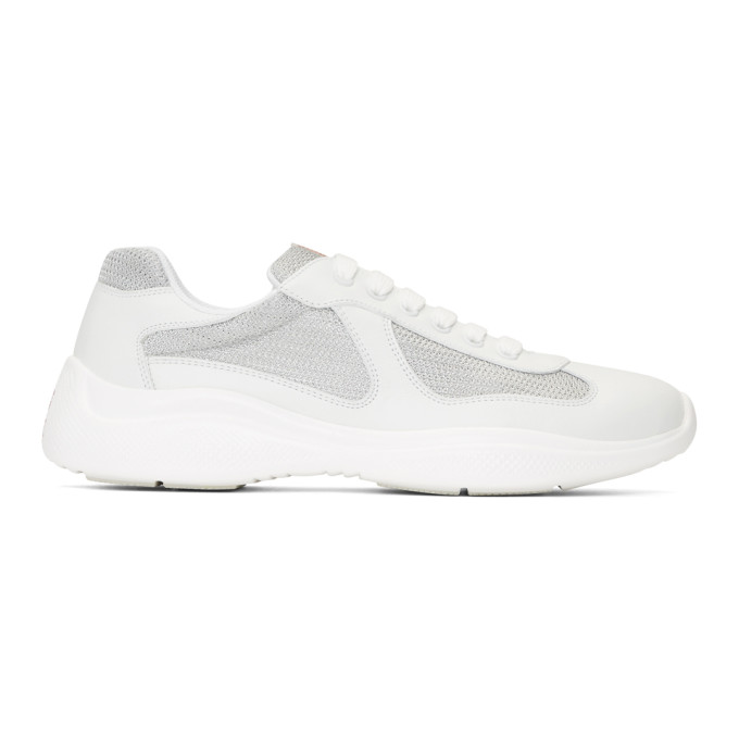 Prada White & Silver Leather & Mesh Sneakers