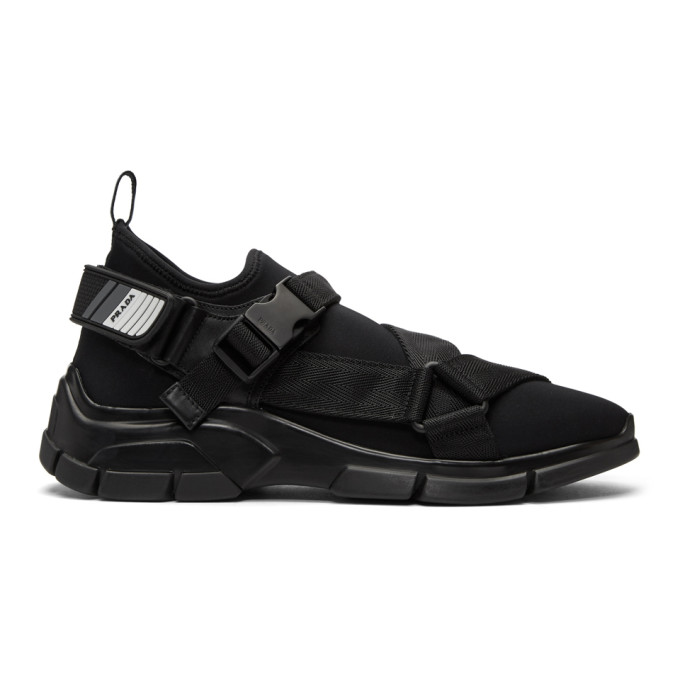 Prada Black Neoprene Buckled Wedge Sneakers