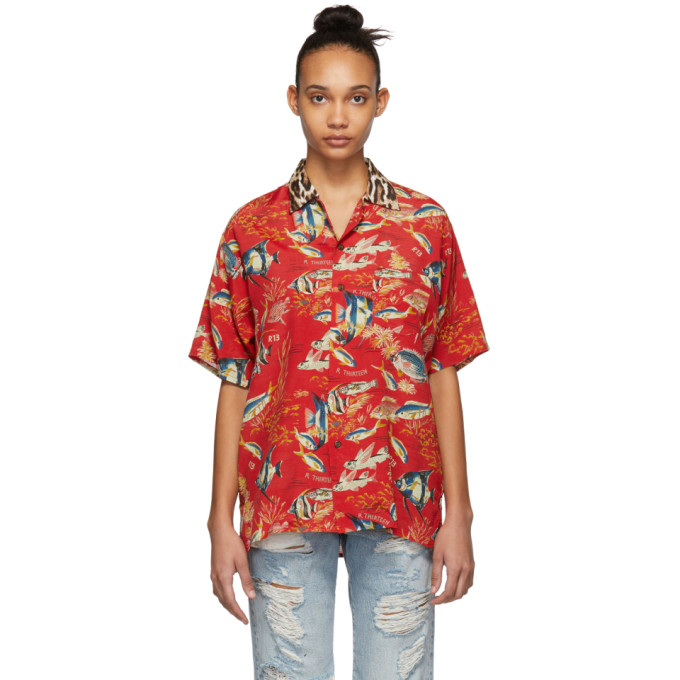 R13 R13 RED FISH AND LEOPARD HAWAIIAN SHIRT