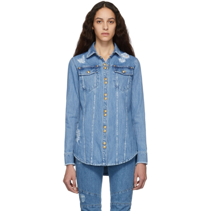 BALMAIN BALMAIN BLUE DENIM RIPPED SHIRT