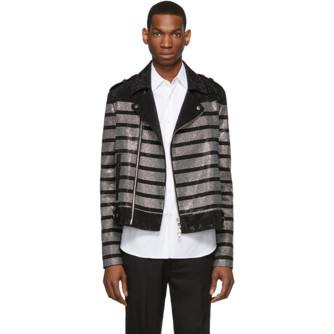 BALMAIN BALMAIN BLACK STRIPED RHINESTONE BIKER JACKET