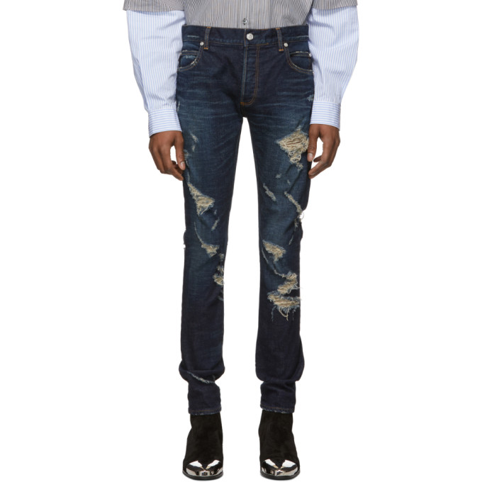 BALMAIN BLUE SLIM CUT RIPPED JEANS